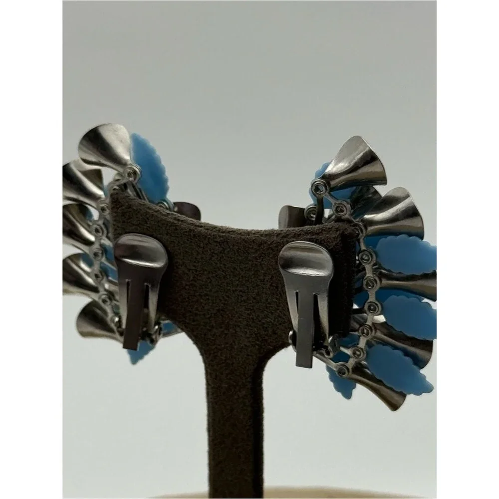 Vintage abstract Blue Flower Cluster Statement clip on earrings